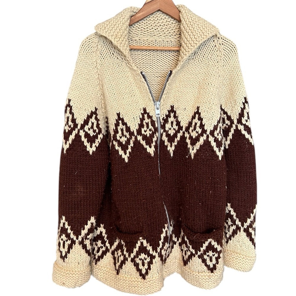 Hand-Knit Zip-Front Hooded Cardigan in Cream and Brown